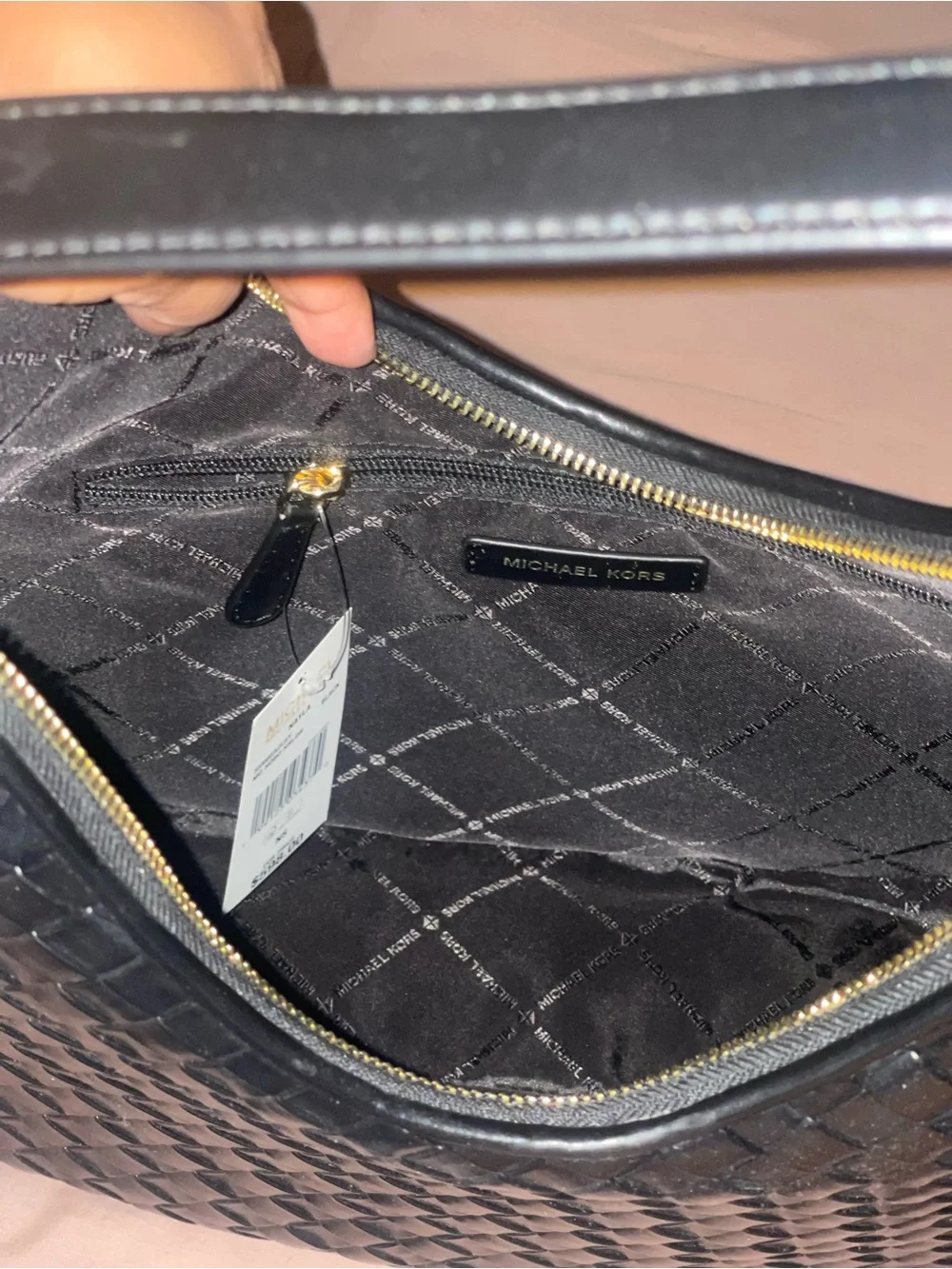 Michael Kors Black Woven Leather Shoulder Hobo with Matching Wallet
